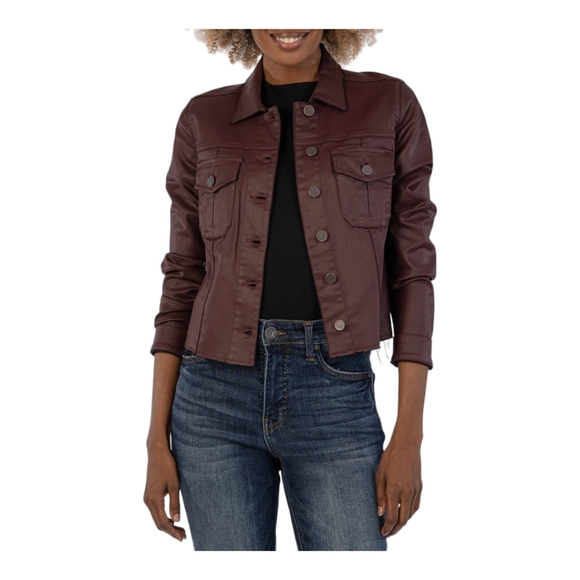 KARA COATED CROP JACKET W/FRAY HEM - BORDEAUX - Picture 3 of 3